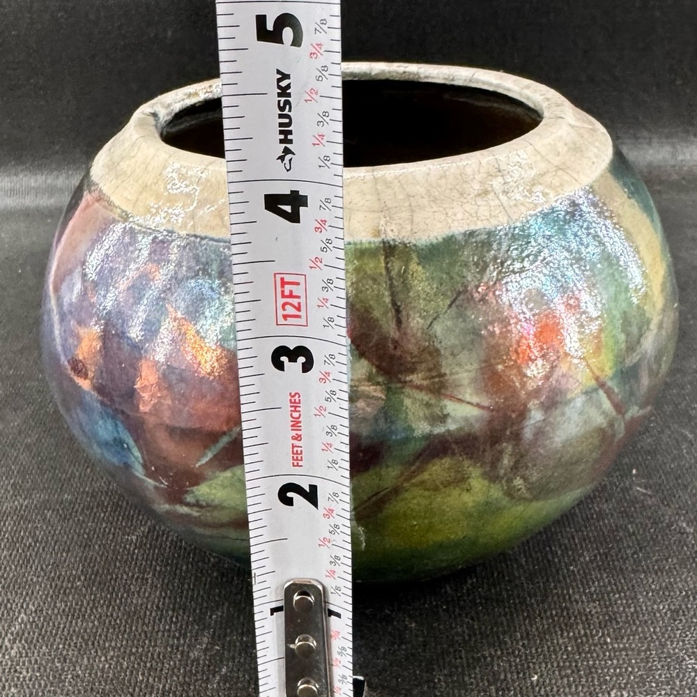 Iridescent Raku Pottery Vase Bowl Artist Signed 4” Diameter - Picture 7 of 8